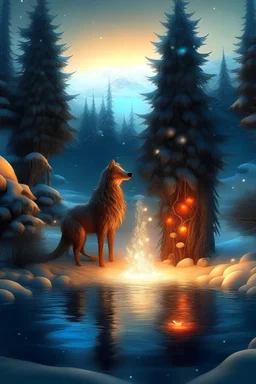 Real fantastic Christmas Tree heart background fairytale forest water little fire heart wolf