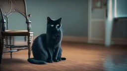 A black cat sitting on a chair in a room.