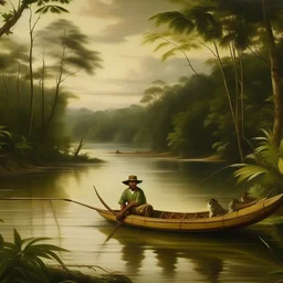 Pintura de paisaje en plano general que muestre a un pescador en su canoa al estilo del artista argentino Benito Quinquela Martín.