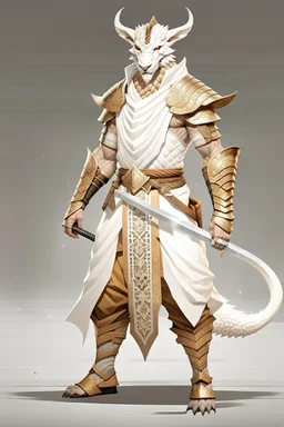 Full Body, White Dragonborn, Monk, Fighter Pose, White and Gold outfit colour theme