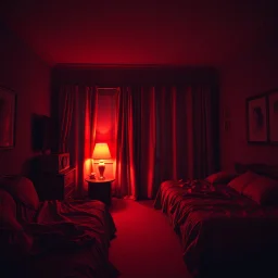 the interior of a motel room, red hues, showing the aftermath of a romantic night