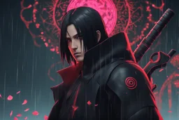 Itachi Uchiha in 8k nier automata artstyle, Uchiha Custom, neon effect, close picture, rain, fantasy world, intricate details, highly detailed, high details, detailed portrait, masterpiece,ultra detailed, ultra quality