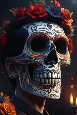 day of the dead, in the style of unreal engine 5, caricature-like illustrations, exaggerated facial expression, 32k uhd, dark atmosphere, close up