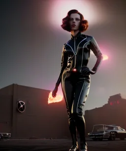 retro sci-fi portrait image from 1960, supermarket parking explosion, fire, classic black widow, young Scarlett Johansson, classic black tight lycra latex suit, retro superhero style, soft color, highly detailed, unreal engine 5, ray tracing, RTX, lumen lighting, ultra detail, volumetric lighting, 3d, finely drawn, high definition, high resolution.