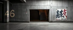 background of wall(wet textured concrete, gray, old, cracked, stained, 1 wall light) from underground parking, hong kong style, a large number "46" painted on left(old faded paint), at middle is an opening into an area with dark stairway, cyberpunk, to the right of opening is a faded keith haring poster