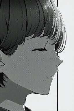 short hair girl, closed eyes, close-up, greyscale