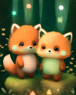 Two fuzzy boys in the forest with big cute heads, small body. Fox tails and ears. Brown pants. Big sparkly glass eyes. Soft baby pastel colours. Fuzzy and hairy. Sparkles around. Green and orange sweet colours. sparkles. Soft toys. Happy.