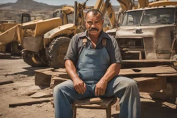 photography of a marocan ugly burly serious wet sweaty, beefy strong fat carpenter, shirtless, in overall, bulge, manly chest, big salt-and-pepper mustache 52 years old, short hair, sitting with open legs on a little chair , on a construction site in the middle of a road, under the August sun, angry eyes, , hyper-realistic, photorealistic , frontal view from the ground