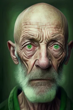 Portrait of a bald man, 60 years, unkempt beard, dark circles, green eyes, distracted and nervous look