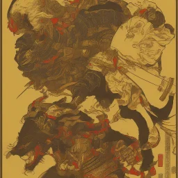 Samurai Japanese Ukiyo-e, sun in the background, walking in the mountains