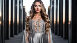 very beautiful model lady with makeup and beautiful modern fashion midi pleated velvet dark silver lace skirt with lace edges and modern loose lace top with a loose over, curvy silver long hair, standing in a modern city open satge with 8 cubic mirrors(each with 4 equal hight and equal width, vertical mirror), each vertical on its own short rotating base. with some small lights on crystal frames, on roof of a skyscraper with city escape at background, with animating dynamic lights with high