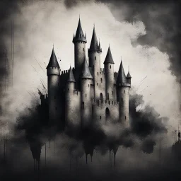 A castle in a Hyper Realistic Aerial Grungy Dark-Grey Brush strokes on a dark rustic background with charcoals