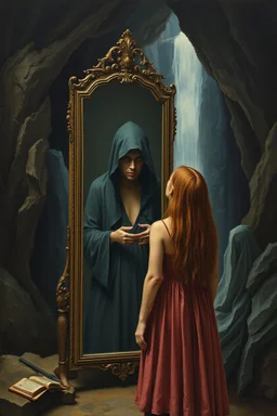 a woman standing in front of a mirror with reflection of her as dark hooded creature in the mirror, in the dark cave with waterfalls in the background, Bosch painting style