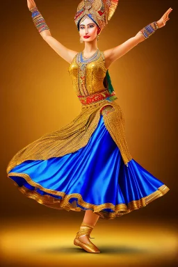 golden statue of a Azeri dancer in folk dance pose in modern art museum dynamic colorful lights