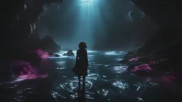 photoreal magnificent host of neon bright glowing water creatures of all colors in an enormously vast underground ocean, black as the night, dotted with neon glowing islands by lee jeffries, otherworldly, in the style of fantasy movies, photorealistic, shot on Hasselblad h6d-400c, zeiss prime lens, bokeh like f/0.8, tilt-shift lens 8k, high detail, smooth render, unreal engine 5, cinema 4d, HDR, dust effect, vivid colors