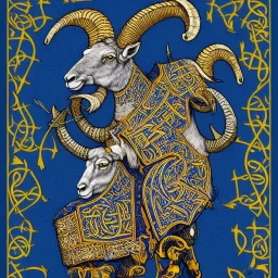 Book of Kells carpet page in blue and yellow colors, picture of a bighorn ram in armor and holding a football, a highly detailed illustration, realistic render, 8 k, micro detail, intricate, elegant, centered, digital painting, Artstation, smooth, sharp focus, illustration, artgerm