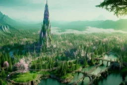 Magical fantasy elven city tower forest rivendell tree flower pink green yellow beautiful nature river 4k full hd