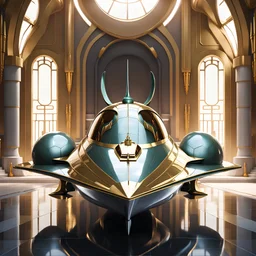 stunning hyper-realistic render of a sleek and elegant Naboo staryacht in pearlescent gasoline green with gold trim sitting in ancient jedi temple hangar, fully symmetric details