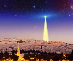 100,000,000 christians, men, women,and children, WORSHIPPING, dressed in white, beam of light coming from square Temple in center, Jerusalem, hills and valley in background, dusk, andromeda GALAXY IN SKY, Anglels flying