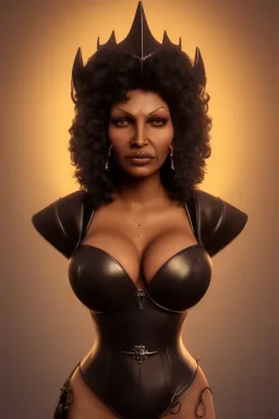 Pam Grier as evil queen in black leather, leather, busty, cleavage, angry, stern look. character design by cory loftis, fenghua zhong, ryohei hase, ismail inceoglu and ruan jia. unreal engine 5, artistic lighting, highly detailed, photorealistic, fantasy