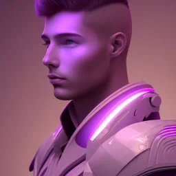 Cute guy face, Sci-fi character, purple backlight, pink and purple, scifi suit, profile, purple background, pink lighting