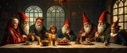Dynasty family, all generations, by table, in winter glow, master oil painting by Rembrandt, arts magica spy gnomes soap opera poster, huge multi level archive, library, woodland creatures, motion blur, background mist, light beam from windows Let the magic flow Oh winter glow Don't let it go [Bridge] Stars above like tiny fires Hearts alight with quiet desires