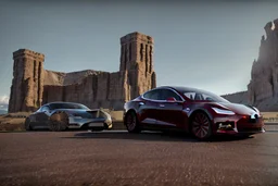 A Tesla 'Model Y' is parked, near the 'Devils Tower' in Wyoming. (CINEMATIC, WIDE ANGLE LENS, PHOTO REAL)