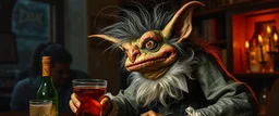 hårete gremlin slug bartender med vind i håret på fest malt av Rembrandt