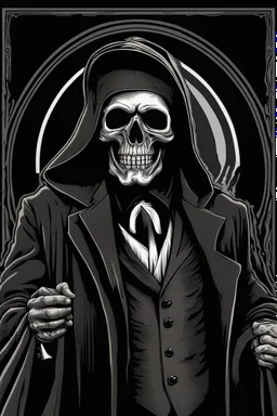 ultra high image quality, Grim Reaper, WEARING A 3 PIECE SUIT, POSED FOR DOLLAR BILL PORTRAIT, LINE TONE, WSJ STYLE, HEDCUT, Close-up of an set against AMOLED-worthy pure black backdrop, fantasy art style infused with filter, tailored for vertical wallpaper, exclusive design with no duplicates, radiating beauty suitable for a PC screen image, vivid colors, ultra fine, digital painting.