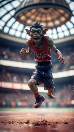 full figure portrait of a giant dunking basket player vampire werewolf goblin gremlin hanging long jump over wet soil in front of dome court, in the style of Gorillaz,bokeh like f/0.8, tilt-shift lens 8k, high detail, smooth render, down-light, unreal engine, prize winning