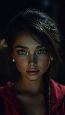 Dark Night. Hyper realistic . A unrealistic Beautiful girl. , Detailed skin. Detailed lips. Bright Shining detailed cat eyes. . High detail. Photorealistic. 8k. Visually stunning. Detailed clothing. Only one Light source. Symmetrical.