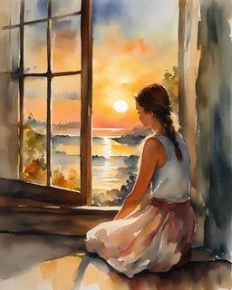 Watercolor painting of a young girl looking at the setting sun, watercolor painting style, masterpiece, beautiful, simple room in the background, vintage, young girl, 13 years old, watercolor painting, very detailed, best quality, painted by Willem Haenraets