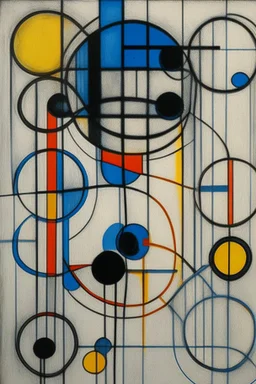 Abstract wet oil painting, ink lines, interlinked circles, mondrian