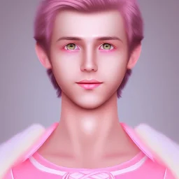 full body photo of smiling feminine pretty 19 year old boy wearing all pink girl's babydoll dress that is too small, with rainbow glitter eye make-up, flat chest, pronounced adam's apples, short and long pink hair, no body hair, no tattoos, lgbt, transgender, highly detailed, photo realistic, plain background, still shot, photo realism, full body photo, 8k high resolution, high detail, --ar 2:3 --v 4