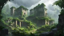 photorealism : The ruins of a stone village in the midst of rain and thunderbolts in the jungle