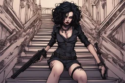 scarred cyberpunk vampire girl with tribal tattoos short curly dark cyberpunk hair descending the staircase in decaying gothic mansion with double barreled shotgun in hand at dawn