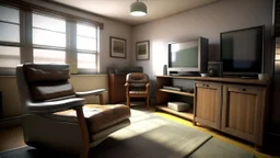 Photorealistic wide shot of an old woman's living room with white walls. Tidy and sparsely furnished with just one well-loved comfy leather recliner, side table and older tv. The recliner, at the long end of the room sits to one side and faces the tv. A small stool on wheels sits beside the tv. There is an open window with open drapes. The drapes appear to be hand sewn and tidy. The room feels empty and is bright but slightly desaturated.