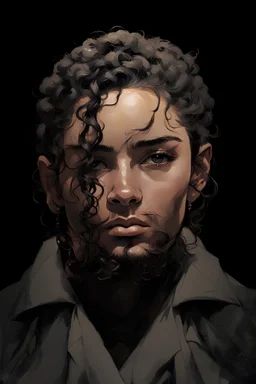 Portrait of a young woman with long black curly hair, covering the ears slightly. Include a short black horn on her forehead, and make it distinctive. include gray eyes, with a dark tanned skin complexion. Draw the portrait in the style of Yoji Shinkawa.