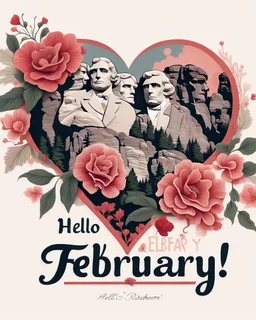 1:1 ratio A highly detailed Image in the style of Art Nouveau, of tastefully painted hearts and flowers in shades of reds, pinks, corals and ivory, add a superimposed transparent image of the president's on Mount Rushmore in the corner. Image is edge to edge, no frame. Bold script text "Hello February!" , wide-angle shot, vibrant color grading, shallow depth of field, adventure, league of legends style concept art