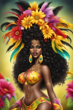 Create a digital airbrush cartoon of a curvy African American female wearing Brazilian carnaval outfit outfit that's Black, yellow, and red Prominent make up with hazel eyes. Highly detailed very long extremely curly black hair. Her skin is smooth and silky. Background eof a judge full of colorful flowers