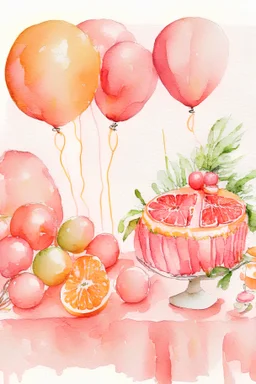 aquarelle dessin sur le thème Pompelmo Party - pour une table festive avec des pamplemousses roses et des ballons