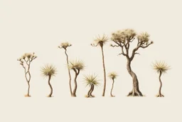 "Isolated concept art of multiple types of alien tree plant on a plain neutral background. Designed for Desert biome – dry, spiky, brittle grass with sharp edges, thorn-like blades, and pale dusty colors