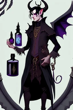 Young tiefling nobleman alchemist with black hair horns and large reptilian tail gothic jewelry and potion bottles in the style of Charles Addams