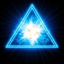 a blue nuclear explosion inside an equilateral triangle, inner glow, radiant lines