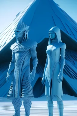 A standing Alien man and woman in the form of an ice-blue reptilian. Standing in an earth futuristic Pyramid City