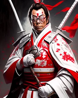 Gustavo Petro anthropomorphic 2d in white and red samurai suit with swords