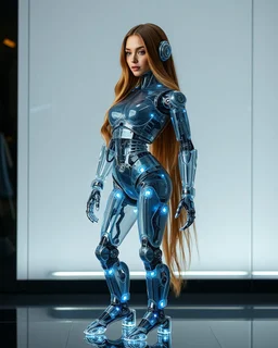 a photoshoot view fullbody all to feet beautifull Russian Supermodel long hair having humanoid body robot transparent visible glass shiny explore inside details machines mechanical parts