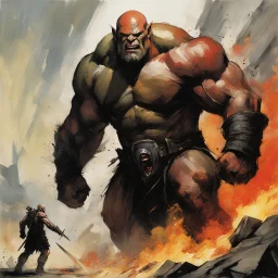 [art by Alex Maleev] In the heart of a rugged battlefield, a colossal bald warrior, a behemoth of strength and determination, engages in a fierce confrontation with a savage orc. The clash between the two titans reverberates through the air, echoing the primal struggle for dominance. The giant warrior, muscles bulging and eyes ablaze, wields a massive weapon with precision, while the orc, a formidable foe with green skin and tusks, retaliates with brutal ferocity. Each blow exchanged is a testam