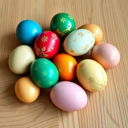 8k resolution, 16:9 aspect ratio photograph, photorealistic style reminiscent of Dutch Golden Age still life paintings. A meticulously arranged cluster of twelve Easter eggs, flawlessly smooth and glossy, rests on a rustic light oak surface, its fine grain texture subtly visible. The eggs, exhibiting a vibrant palette of azure, emerald, ruby, golden yellow, and blush pink, reflect soft, diffused natural light. Intricate patterns—delicate floral motifs and abstract swirls in gold leaf accents—ad