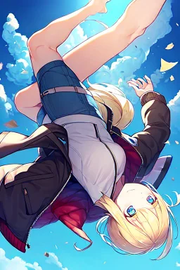 blonde girl falls with jacket fall from the sky, sky falling